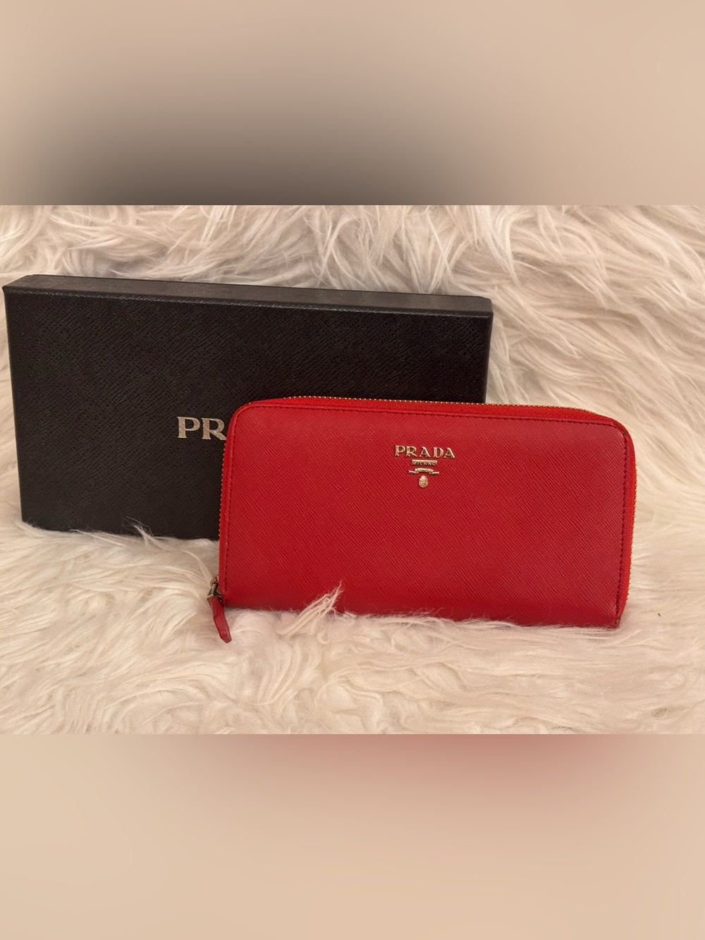 Prada Red Zip-Around Saffiano Leather Card Holder